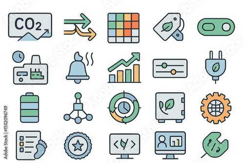 Graphic representation of environmental sustainability concepts featuring icons of carbon emissions, energy, and innovation