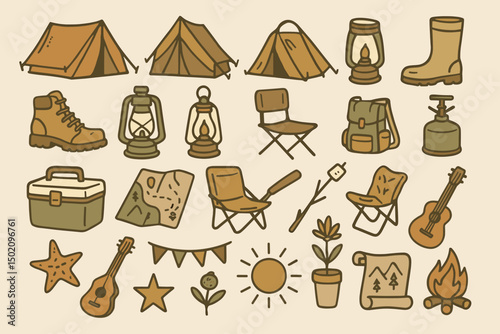 Exploring outdoor camping essentials with tents, lanterns, and gear in a whimsical illustration