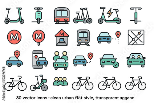 Urban transportation icons showcasing various mobility options for city commuting and travel activities