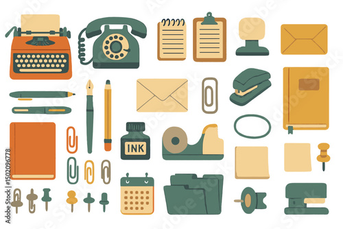 Vintage office supplies collection displayed in an artistic arrangement with a nostalgic feel
