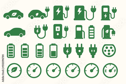 Graphic representation of electric vehicle symbols, charging stations, and battery indicators in green