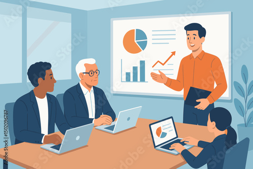 Business team collaborates in a meeting discussing growth strategies and analyzing data trends during a presentation session