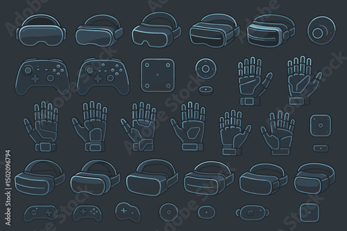 Collection of virtual reality equipment and accessories depicted on a dark background showcasing gaming technology