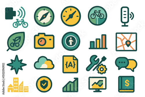Various colorful icons representing transportation, navigation, technology, and data in a modern design style