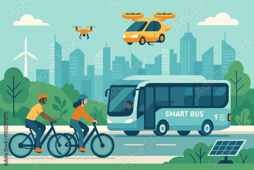 Modern transportation in a vibrant city featuring smart buses, bicycles, and drones on a sunny day