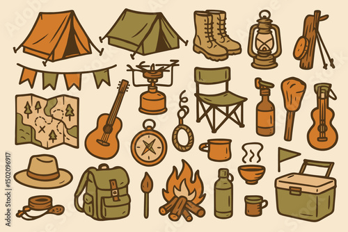 Collection of camping gear and outdoor essentials for adventure enthusiasts in a playful illustration style