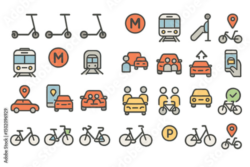 Various modes of urban transportation illustrated with simple icons representing scooters, bicycles, trains, and cars