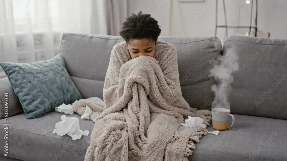 Person wrapped in blanket, coughing and feeling unwell