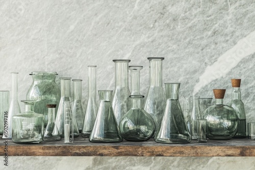 A collection of vintage glass beakers, flasks and cylinders displayed on a wooden shelf with a textured, neutral backdrop. 