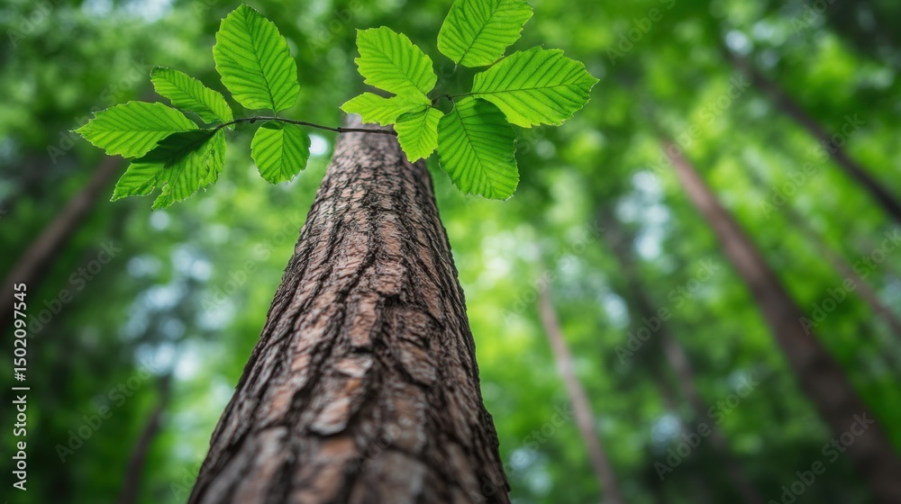 Fototapeta premium Majestic Tree with Fresh Green Leaves Reaching Towards Bright Blue Sky