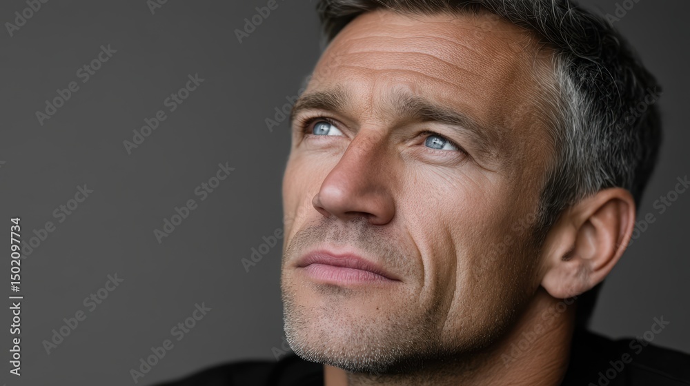 Obraz premium Portrait of a mature man gazing upwards, expressing hope, contemplation, and a sense of aspiration