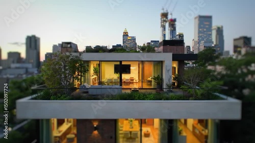 Rooftop Garden Oasis With Modern Architecture Against City Skyline View