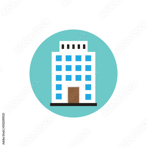 Flat icon of a commercial office building with blue windows and a brown door, centered on a teal circular background, representing real estate, business, company headquarters, or property.
