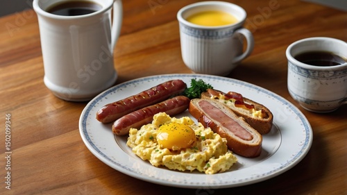 Delicious Breakfast Scrambled Eggs, Sausages, and Coffee