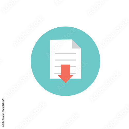 Flat icon of a white document with a red downward arrow, placed on a teal circle background. Symbolizing download, file transfer, document saving, or data access in a digital format.