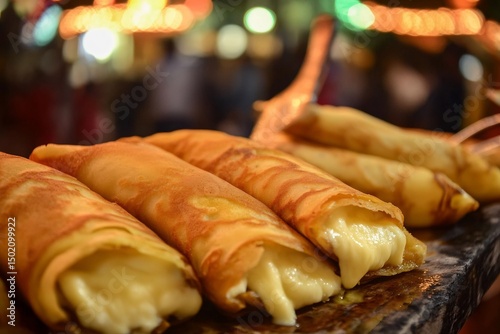 Marquesitas Yucatn crispy rolled crepes with cheese and sweet fillings source of calcium and carbs shown in night market setting photo