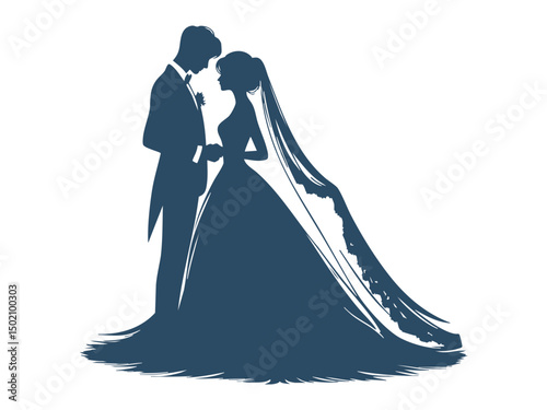 Elegant Wedding Couple Silhouette Illustrations – Romantic Bride and Groom in Floral Wedding Poses


