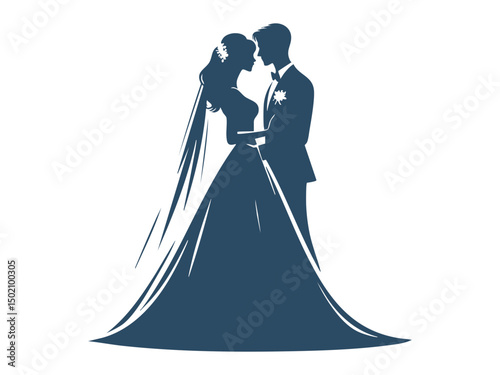 Elegant Wedding Couple Silhouette Illustrations – Romantic Bride and Groom in Floral Wedding Poses

