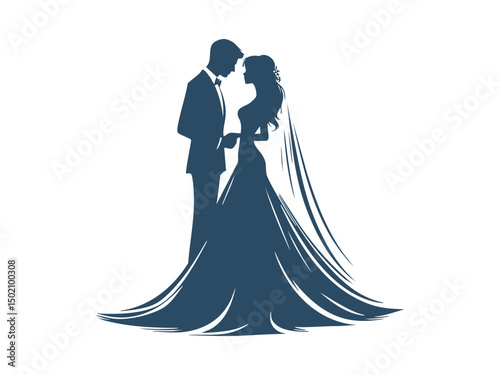 Elegant Wedding Couple Silhouette Illustrations – Romantic Bride and Groom in Floral Wedding Poses


