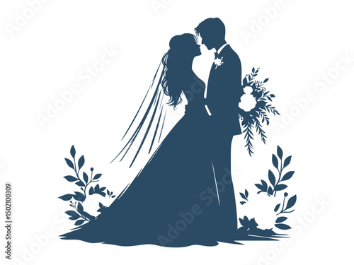Elegant Wedding Couple Silhouette Illustrations – Romantic Bride and Groom in Floral Wedding Poses

