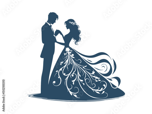 Elegant Wedding Couple Silhouette Illustrations – Romantic Bride and Groom in Floral Wedding Poses

