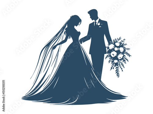 Elegant Wedding Couple Silhouette Illustrations – Romantic Bride and Groom in Floral Wedding Poses

