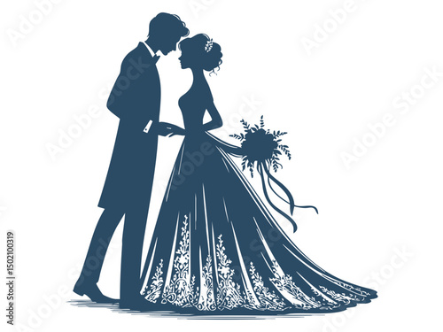 Elegant Wedding Couple Silhouette Illustrations – Romantic Bride and Groom in Floral Wedding Poses

