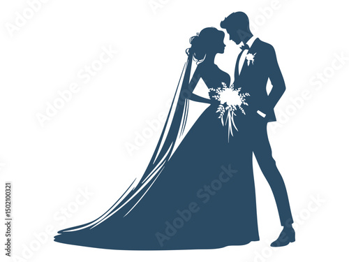 Elegant Wedding Couple Silhouette Illustrations – Romantic Bride and Groom in Floral Wedding Poses

