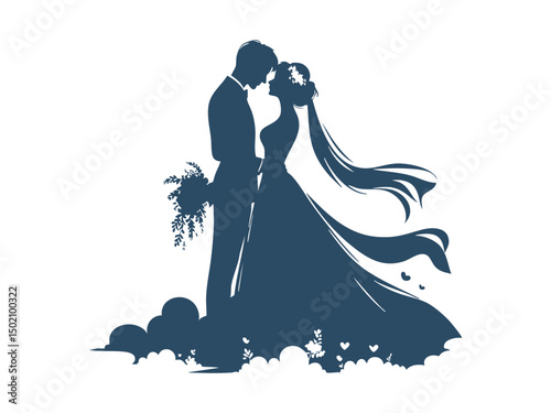 Elegant Wedding Couple Silhouette Illustrations – Romantic Bride and Groom in Floral Wedding Poses

