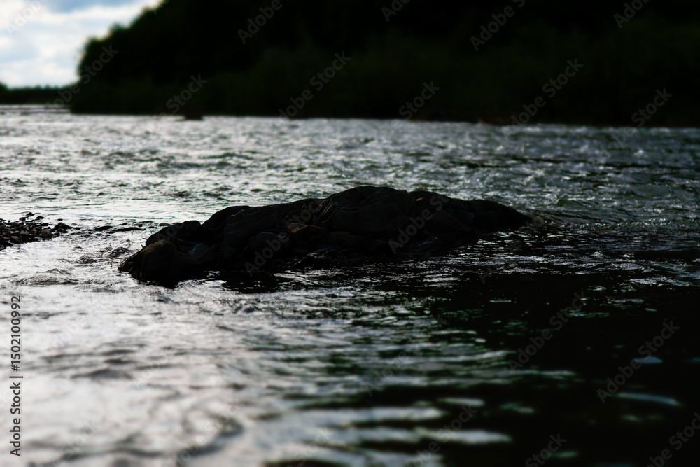Fototapeta premium Low-angle view of river stream flowing around a dark rock in moody lighting. Nature landscape perfect for concepts of solitude, peace, and raw wilderness in spring or summer
