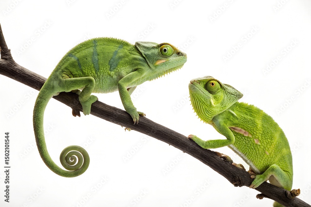 Fototapeta premium Two green chameleons on a branch isolated on white
