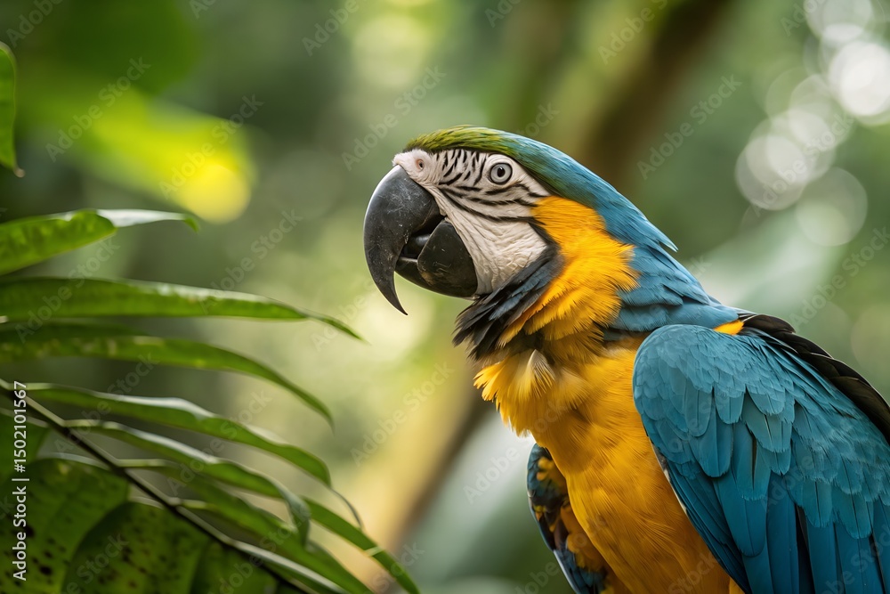 Obraz premium Vibrant blue and gold macaw parrot in lush tropical foliage