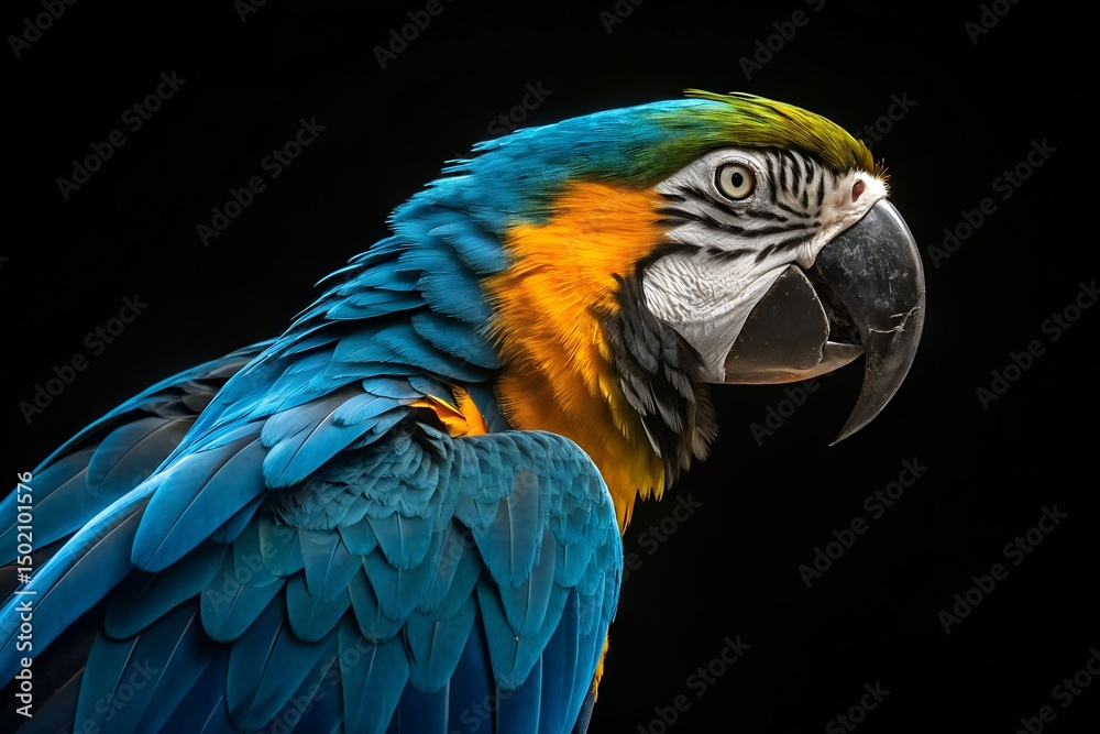 Fototapeta premium Vibrant blue gold macaw portrait against black background