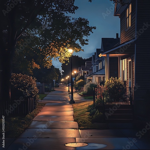 Quiet evening in a suburban neighborhood illuminated by streetlights at dusk
