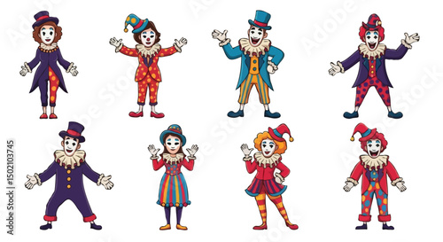 Set of Funny Man and Woman Mimes or Clowns in Hats and Makeup – Isolated Vector Art