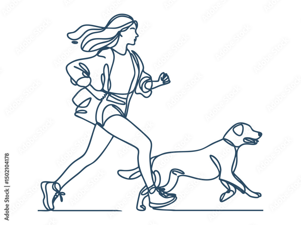 Fototapeta premium Women Walking and Playing with Pet Dogs, Minimalist Continuous Line Art.