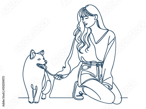 Women Walking and Playing with Pet Dogs, Minimalist Continuous Line Art.