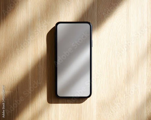 A modern smartphone with blank screen sits on a light wooden table. Soft side light casts gentle shadows. Minimalist, clean, no people—ideal for tech ads, IT articles, or app illustrations.