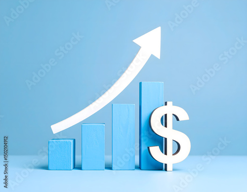 Minimalistic representation of positive economic development of the overall economy, a company, or an investment in the form of an upward-pointing bar chart (blue) and an upward-pointing arrow. Vers 3