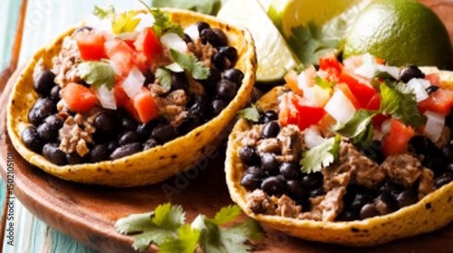 Panuchos Yucatn traditional Mexican cuisine fiber and protein rich with black beans and meat shown in authentic setting with fresh ingredients photo