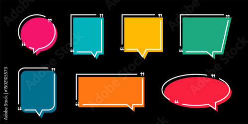 Quote box frame set. Colored empty quotes boxes. Blank templates for quotes. Speech bubbles.