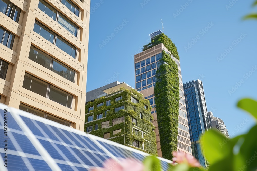 Obraz premium Innovative zero-emission skyscrapers surrounded by greenery redefine sustainable urban living in eco-friendly cities