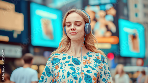 Young woman enjoying music in a vibrant urban setting while promoting personal freedom and individuality photo