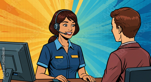 Cheerful customer service agent assisting client