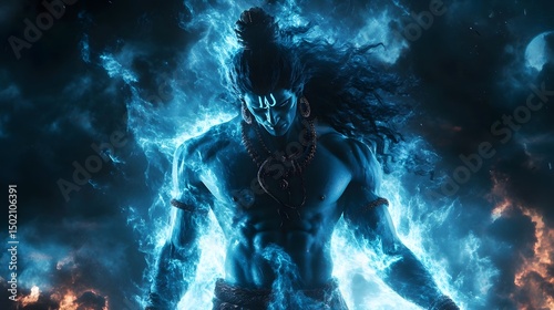 A fierce depiction of Shiva with flowing hair and a stormy aura, highlighting power and intensity captured in a surreal moment