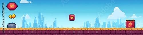 Pixel art game background with button level up. Game design concept in retro style. . Game screen pixel , mirroring soft innovation