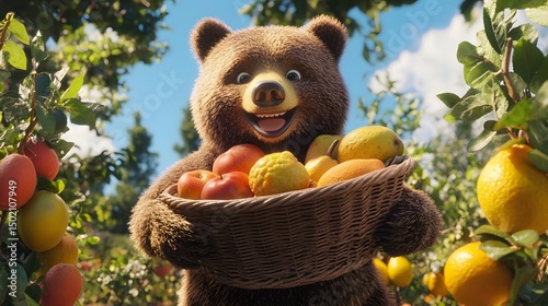 A serene interpretation of a friendly bear holding a basket of fruits and smiling in a sunny orchard