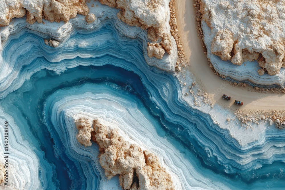 Fototapeta premium Aerial View of a Stunning Natural Rock Formation with Layered Colors and Vehicles on a Sandy Pa
