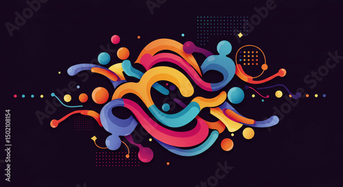Colorful abstract swirls and playful dots on dark backdrop