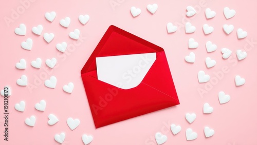 Red Envelope with White Card and Heart Decorations on Pink Background